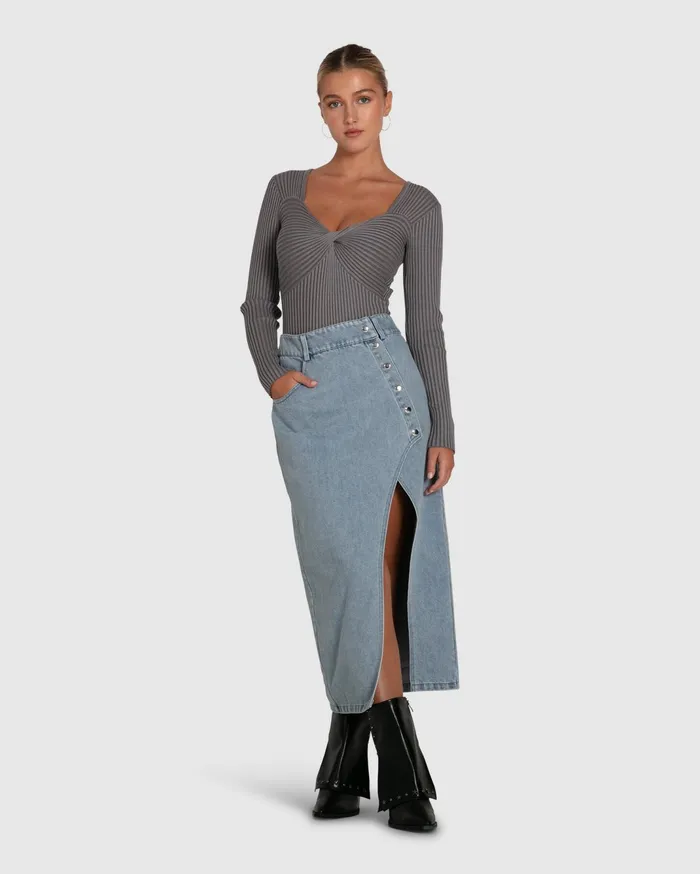 Women Pants and Skirts Belle and Bloom Can039t Forget You Denim Midi Skirt