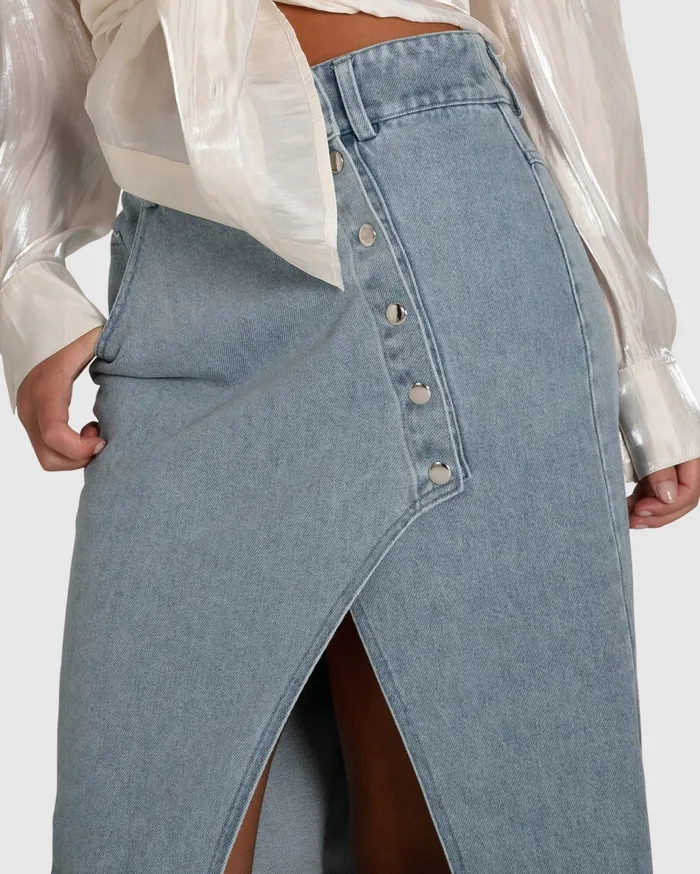 Women Pants and Skirts Belle and Bloom Can039t Forget You Denim Midi Skirt