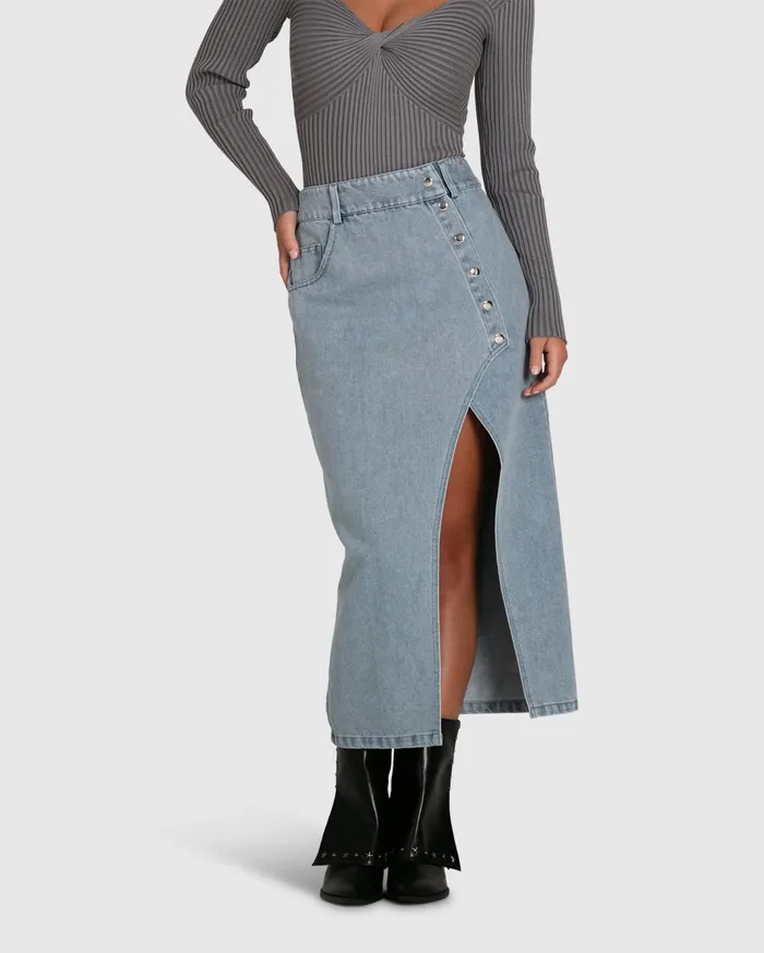Women Pants and Skirts Belle and Bloom Can039t Forget You Denim Midi Skirt