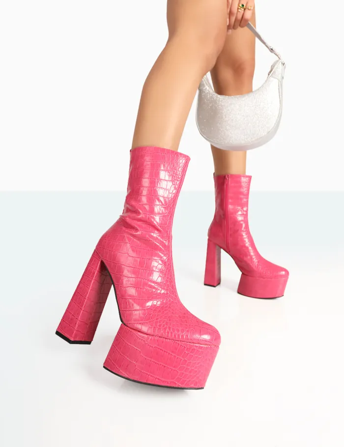Women Parker Pink Croc Patent Pu Platform Stiletto Ankle Boots Pink Public Desire Heeled Boots