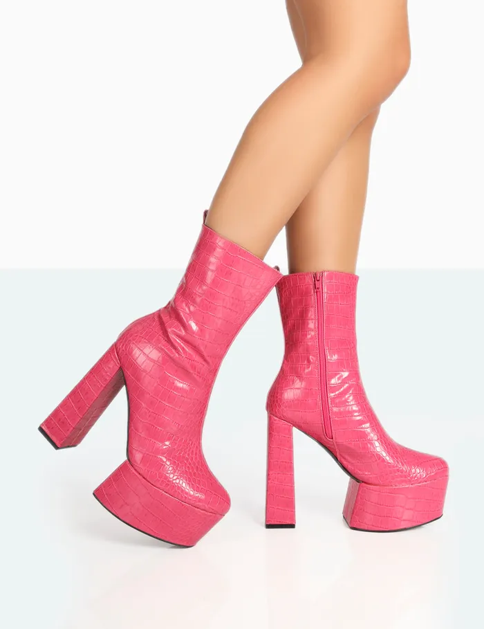 Women Parker Pink Croc Patent Pu Platform Stiletto Ankle Boots Pink Public Desire Heeled Boots Women Parker Pink Croc Patent Pu Platform Stiletto Ankle Boots Pink Public Desire Heeled Boots