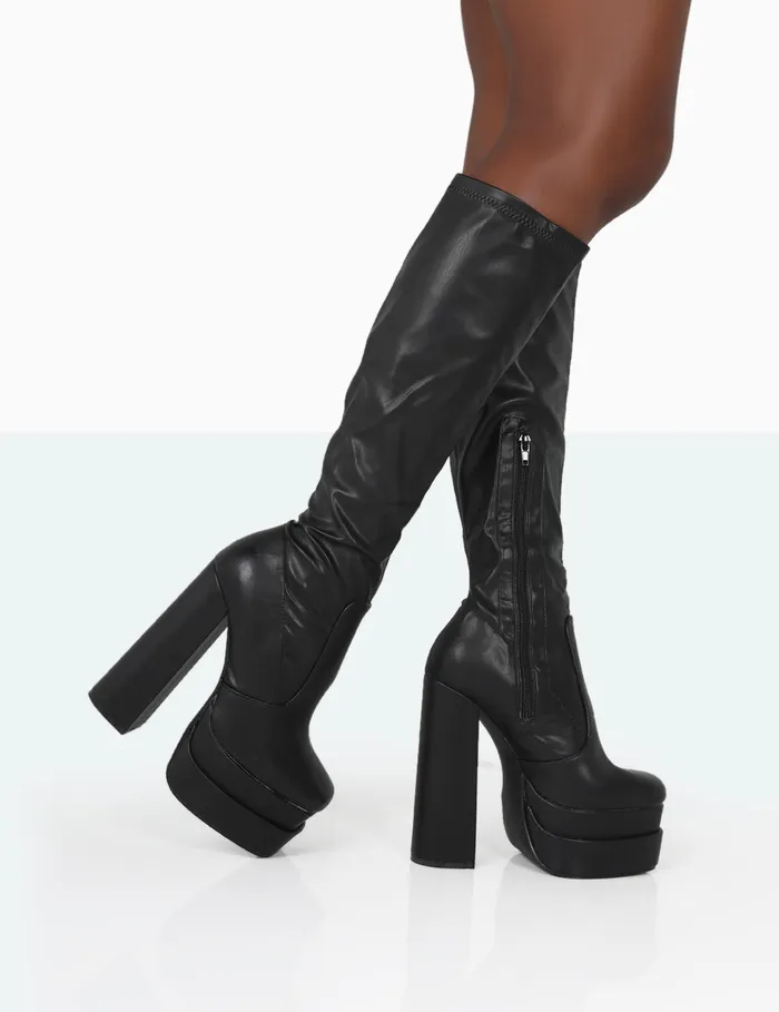 Women Passive Black PU Square Toe Platform Block High Heel Over The Knee Boots Black Public Desire Long Boots