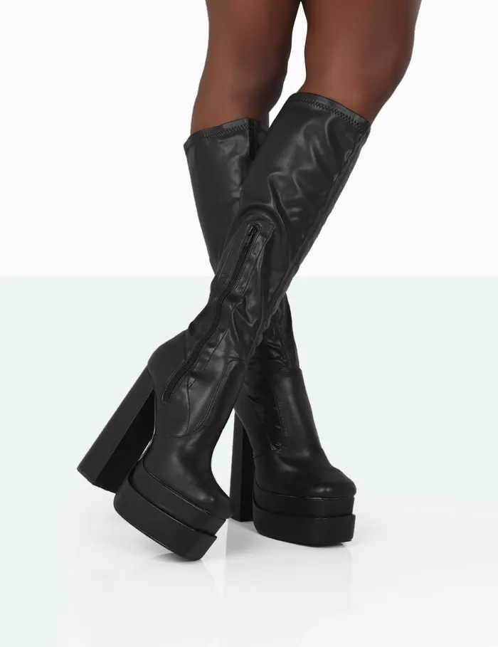 Women Passive Black PU Square Toe Platform Block High Heel Over The Knee Boots Black Public Desire Long Boots