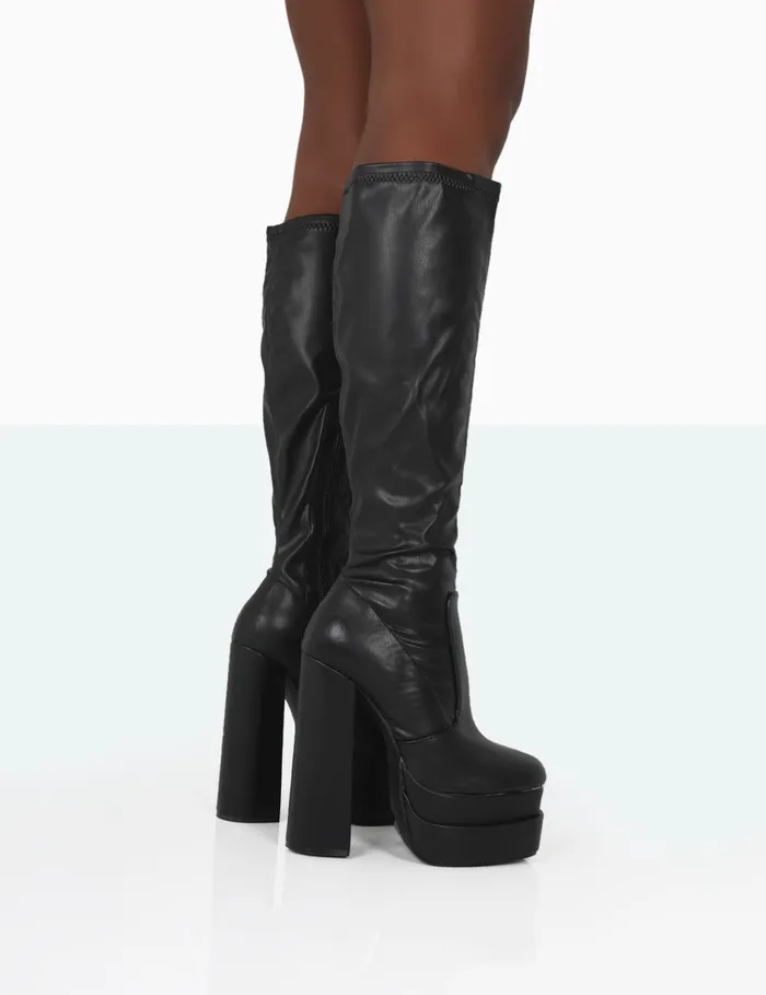 Women Passive Black PU Square Toe Platform Block High Heel Over The Knee Boots Black Public Desire Long Boots