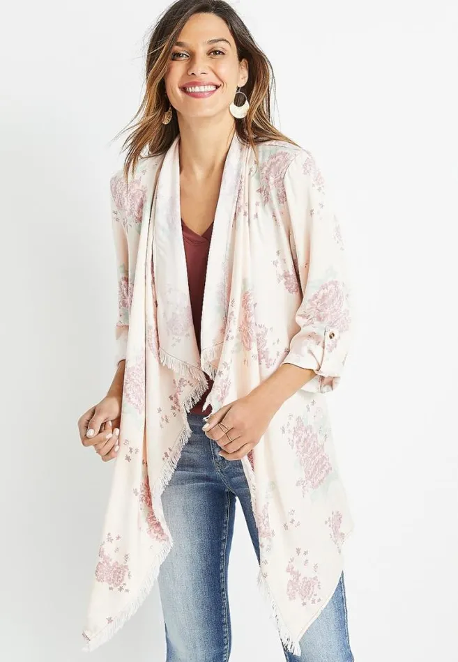 Women Pink Floral Cascade Front Kimono Maurices Tops