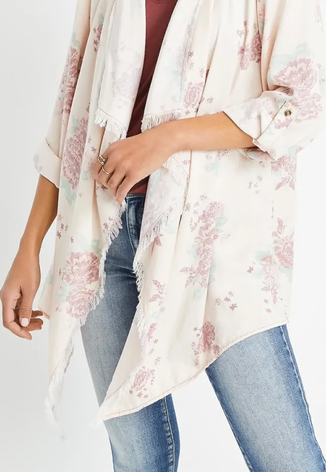 Women Pink Floral Cascade Front Kimono Maurices Tops