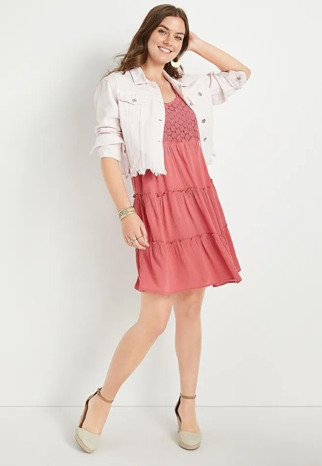 Women Pink Floral Crochet Babydoll Swing Dress Maurices Dresses and Jumpsuits