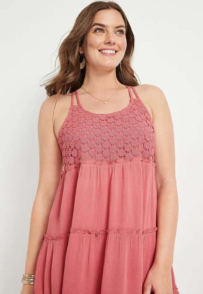 Women Pink Floral Crochet Babydoll Swing Dress Maurices Dresses and Jumpsuits