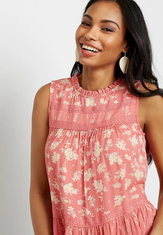Women Pink Floral Crochet Trim Babydoll Tank Top Maurices Tops