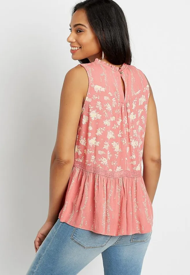 Women Pink Floral Crochet Trim Babydoll Tank Top Maurices Tops
