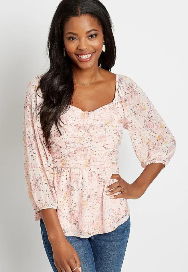 Women Pink Floral Mesh Ruched Sweetheart Top Maurices Tops