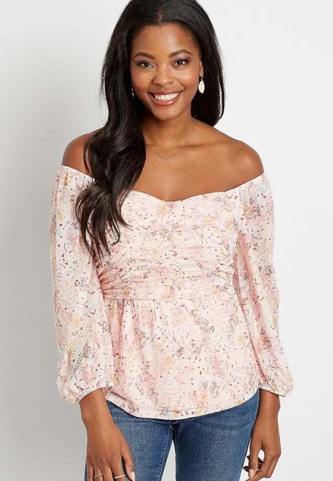Women Pink Floral Mesh Ruched Sweetheart Top Maurices Tops