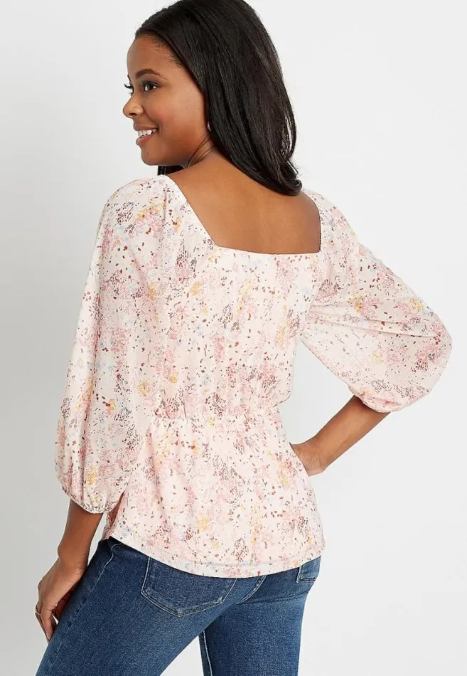Women Pink Floral Mesh Ruched Sweetheart Top Maurices Tops