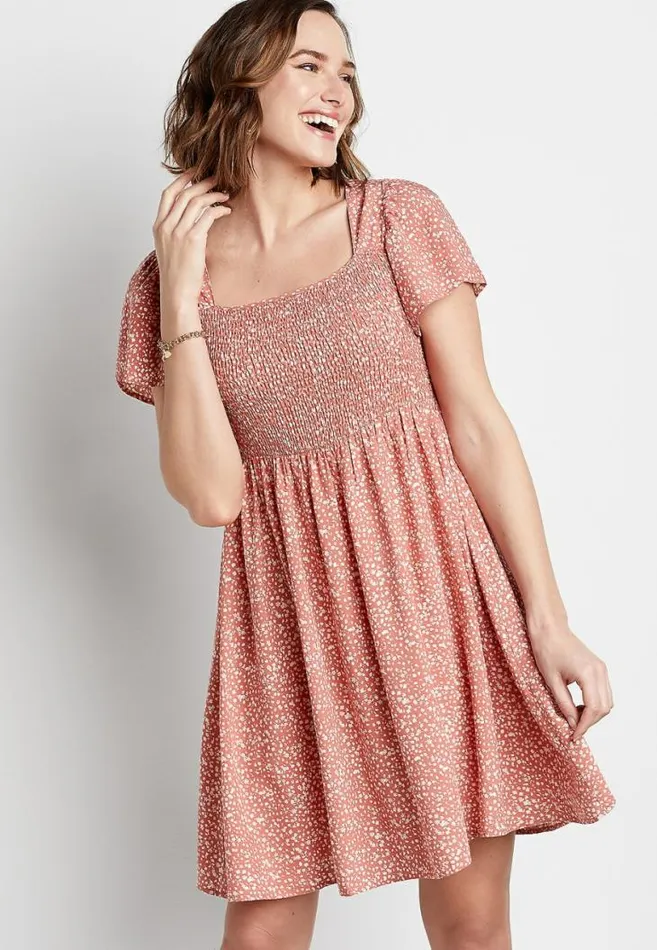 Women Pink Floral Smocked Top Babydoll Mini Dress Maurices Dresses and Jumpsuits