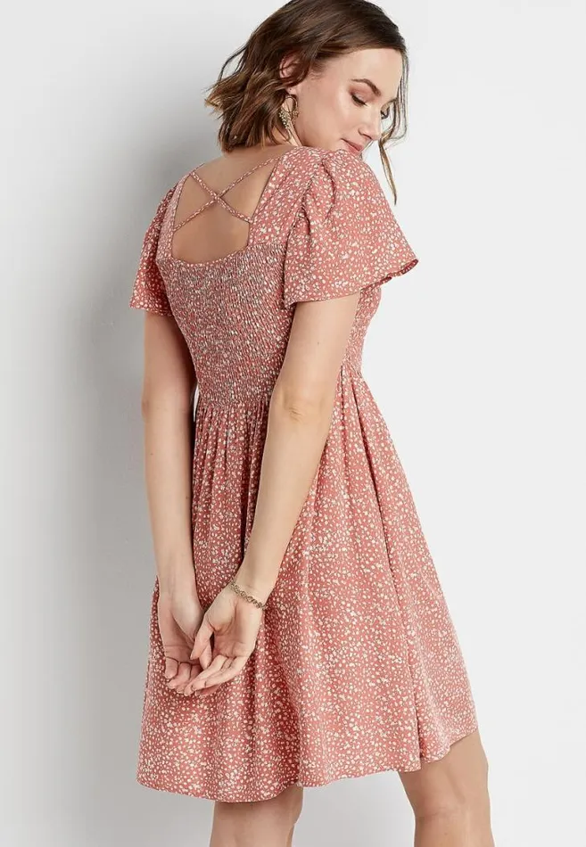 Women Pink Floral Smocked Top Babydoll Mini Dress Maurices Dresses and Jumpsuits