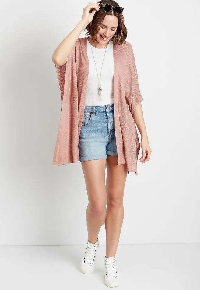 Women Pink Knit Open Front Kimono Maurices Tops