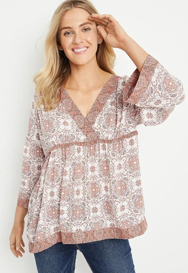 Women Pink Medallion Bell Sleeve Blouse Maurices Tops