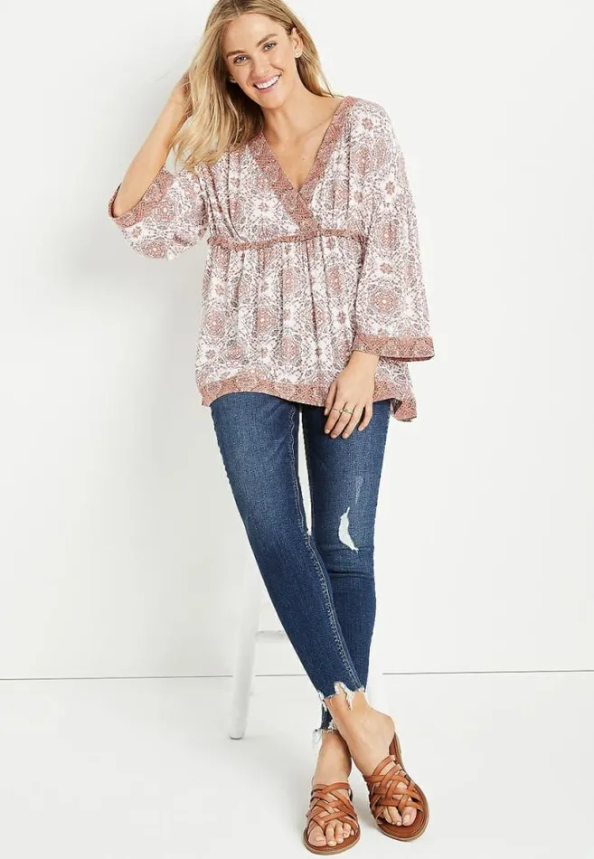 Women Pink Medallion Bell Sleeve Blouse Maurices Tops