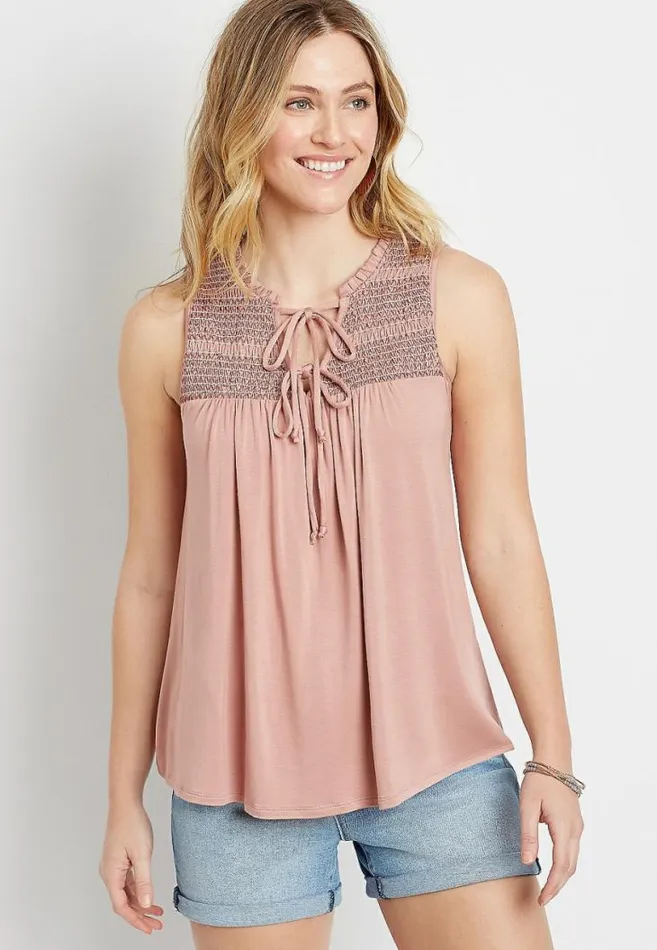 Women Pink Smocked Tie Tank Top Maurices Tops