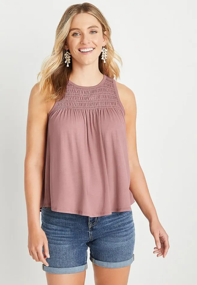 Women Pink Smocked Yoke Tank Top Maurices Tops