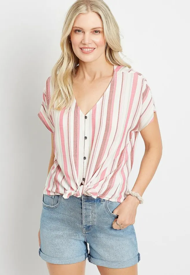 Women Pink Striped Button Front Blouse Maurices Tops