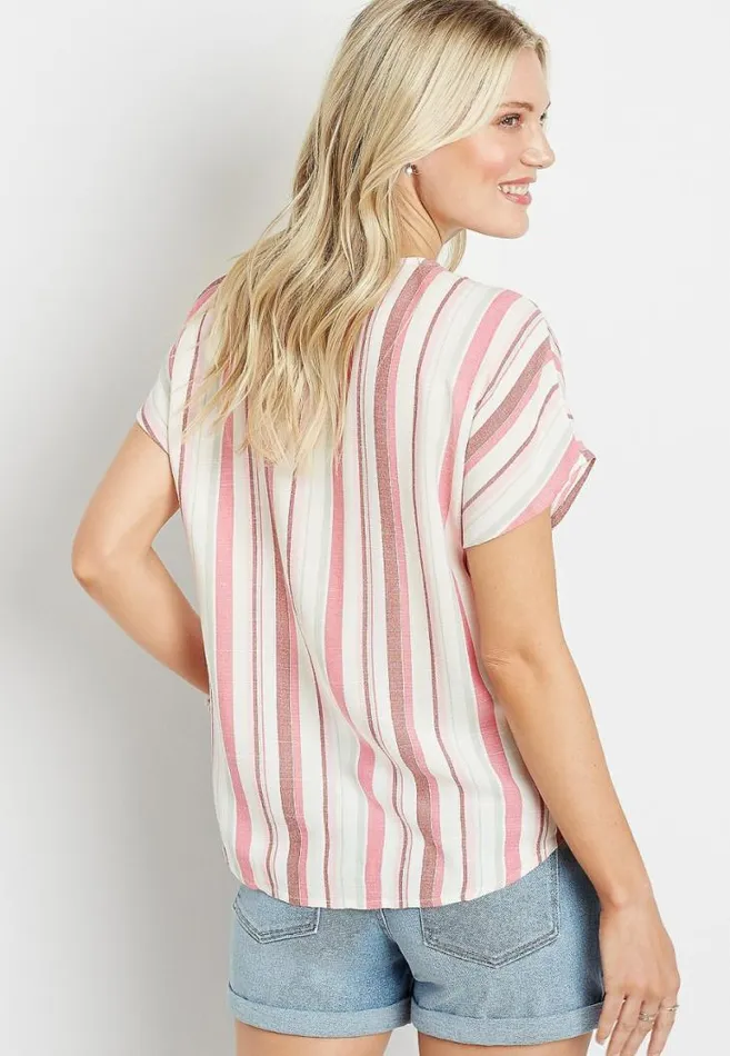 Women Pink Striped Button Front Blouse Maurices Tops