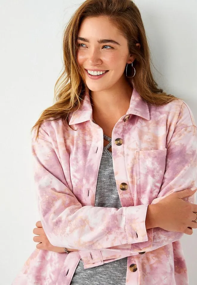 Women Pink Tie Dye Oversized Shacket Maurices Tops