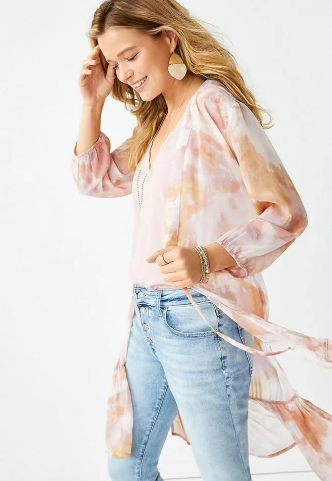 Women Pink Tie Dye Tie Waist Kimono Maurices Tops
