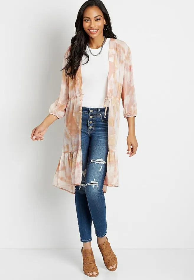 Women Pink Tie Dye Tie Waist Kimono Maurices Tops