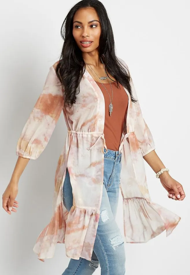 Women Pink Tie Dye Tie Waist Kimono Maurices Tops