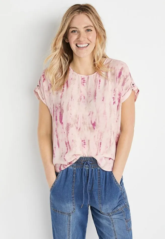 Women Pink Tie Dye Zipper Back Blouse Maurices Tops