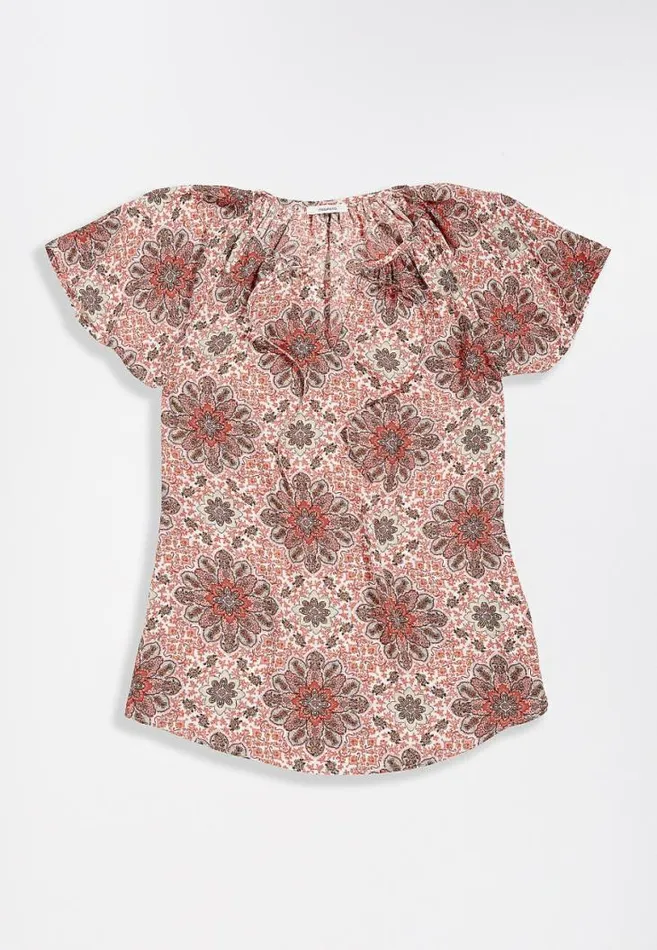 Women Pink Tile Print Flutter Sleeve Top Maurices Tops