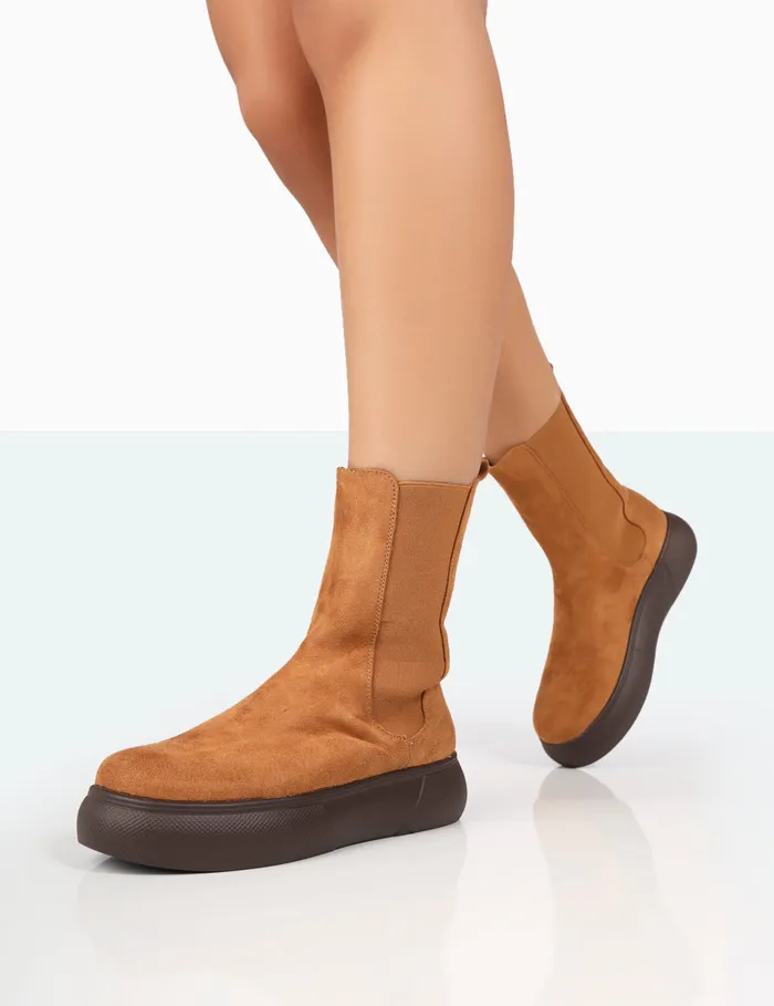 Women Pisa Tan Chunky Rubber Sole Chelsea Boots Brown Public Desire Chunky Boots