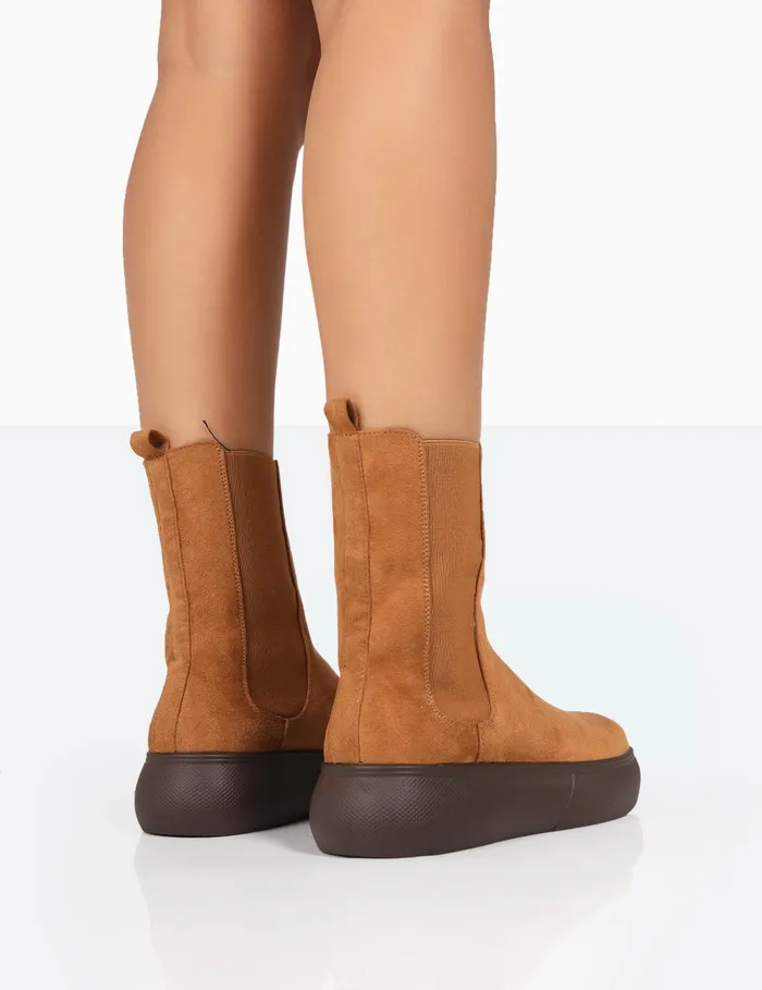 Women Pisa Tan Chunky Rubber Sole Chelsea Boots Brown Public Desire Chunky Boots