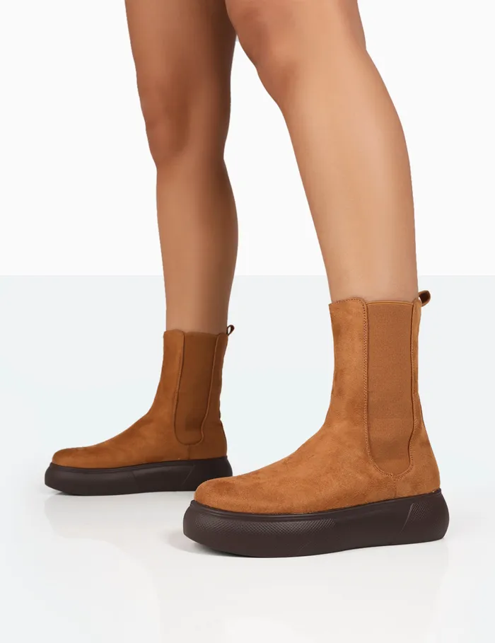 Women Pisa Tan Chunky Rubber Sole Chelsea Boots Brown Public Desire Chunky Boots