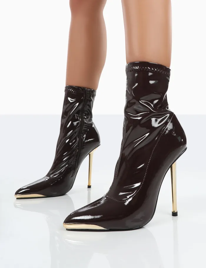 Women Player Choc Patent Stiletto Heel Ankle Boots Brown Public Desire Party