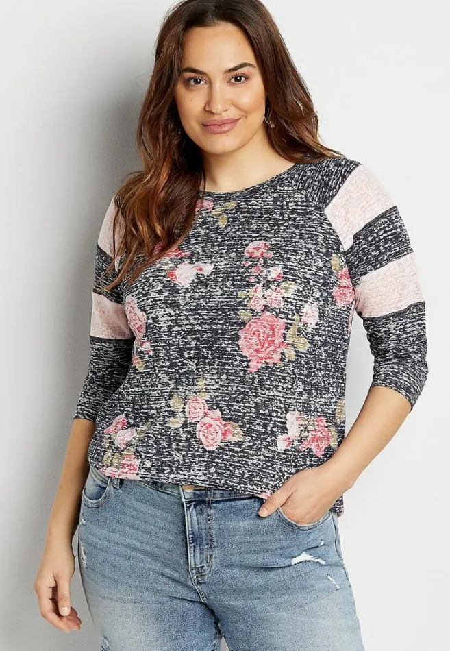 Women Plus Size 247 Blue Floral Striped Baseball Tee Maurices Plus Tops