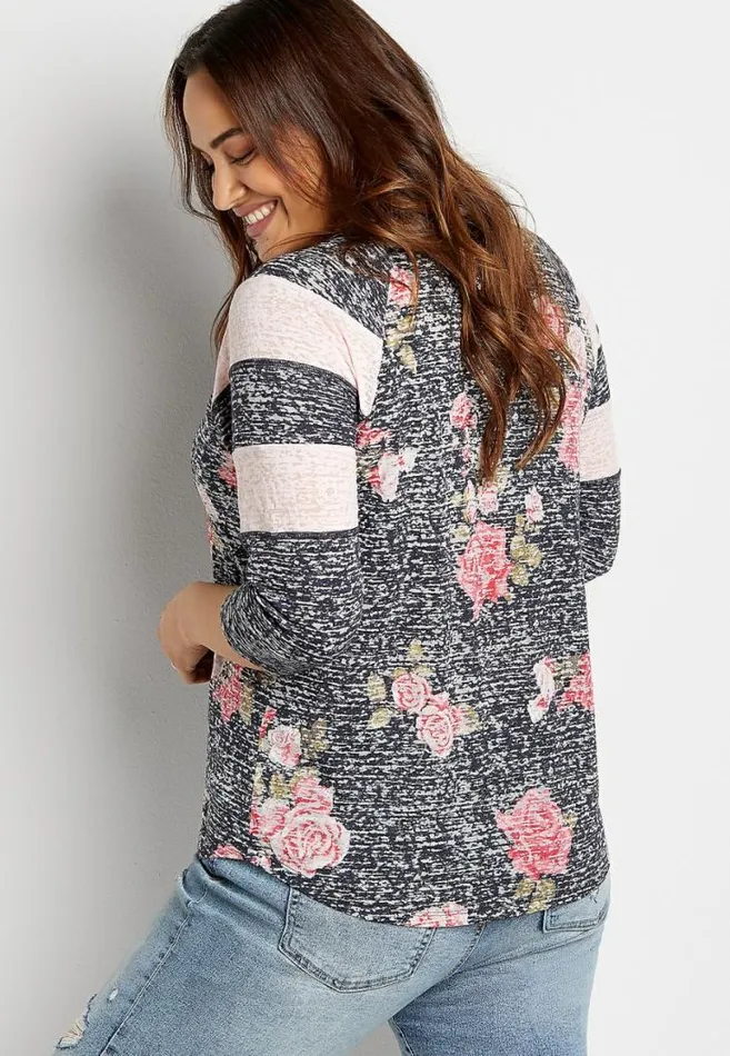 Women Plus Size 247 Blue Floral Striped Baseball Tee Maurices Plus Tops
