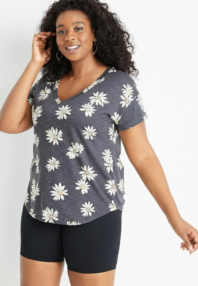 Women Plus Size 247 Gray Daisy Drop Shoulder Tee Maurices Plus Tops