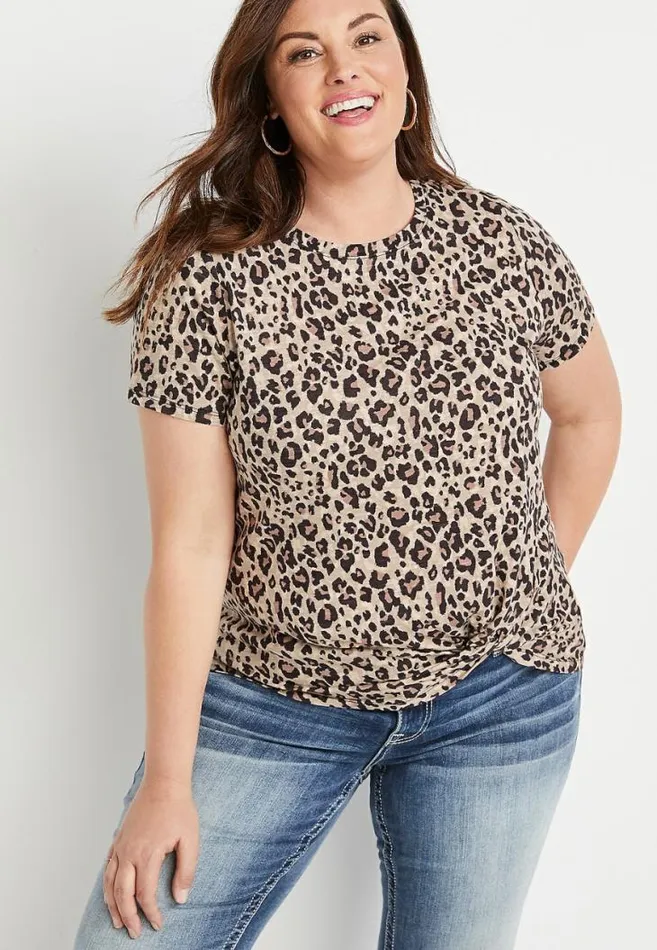 Women Plus Size 247 Leopard Front Knot Short Sleeve Top Maurices Plus Tops