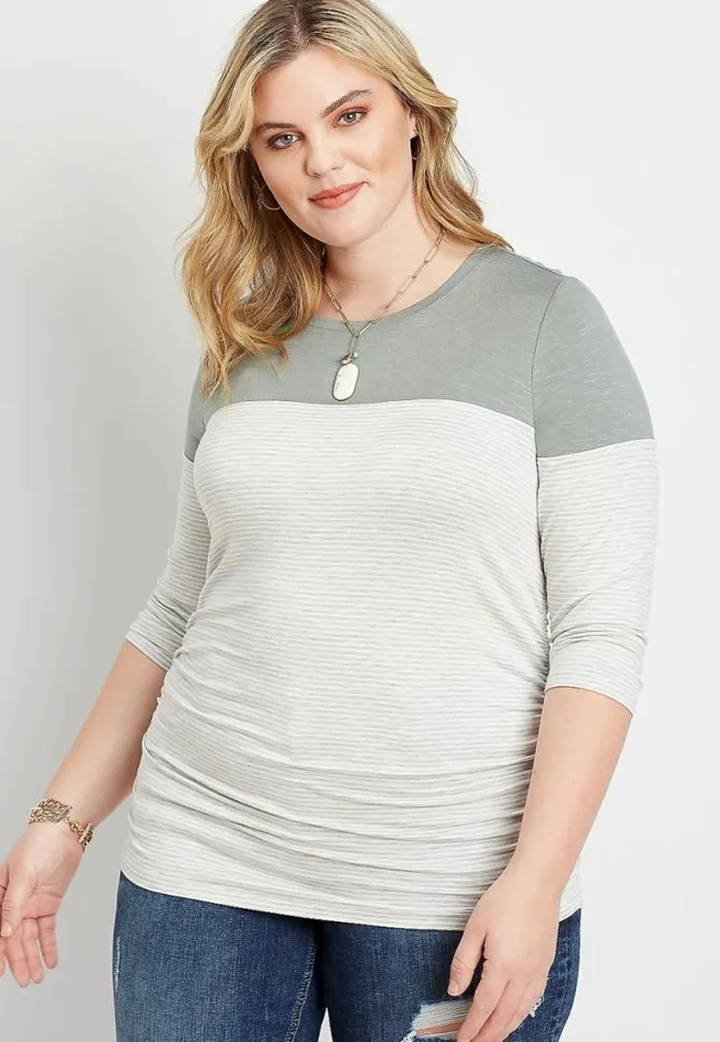 Women Plus Size 247 Olive Striped Ruched Side Baseball Tee Maurices Plus Tops