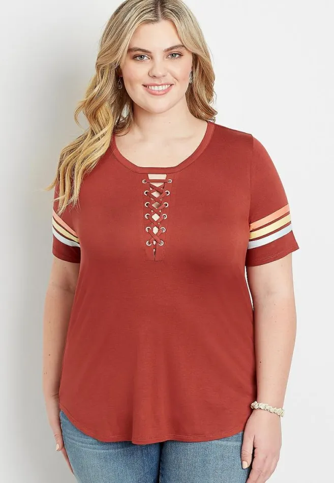 Women Plus Size 247 Red Lace Up Retro Tee Maurices Plus Tops