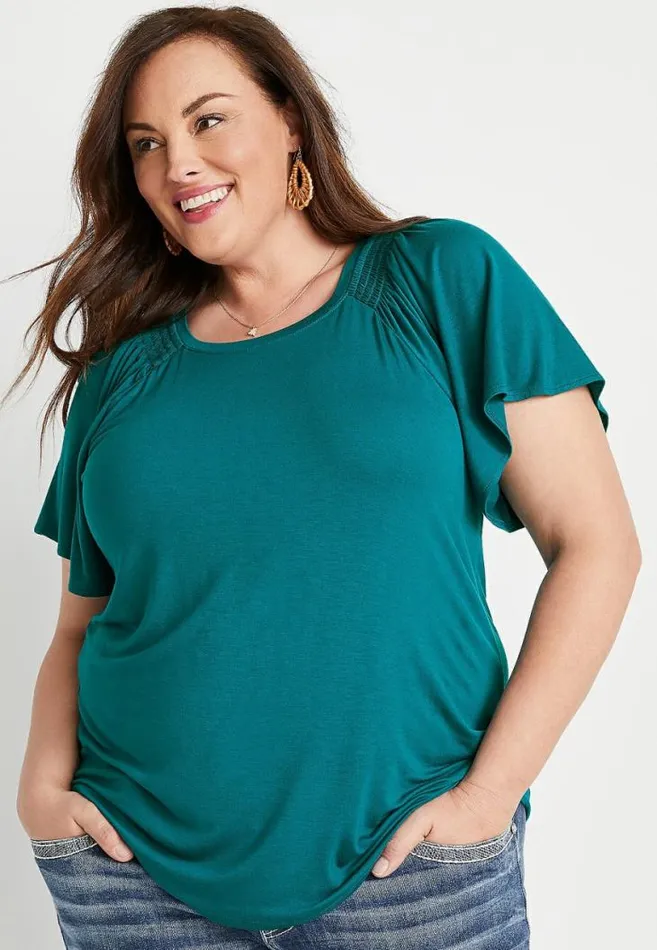 Women Plus Size 247 Solid Smocked Flutter Sleeve Top Maurices Plus Tops