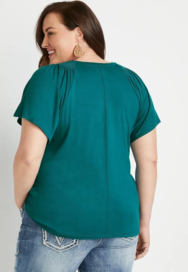 Women Plus Size 247 Solid Smocked Flutter Sleeve Top Maurices Plus Tops