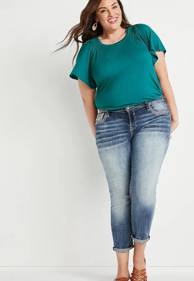 Women Plus Size 247 Solid Smocked Flutter Sleeve Top Maurices Plus Tops