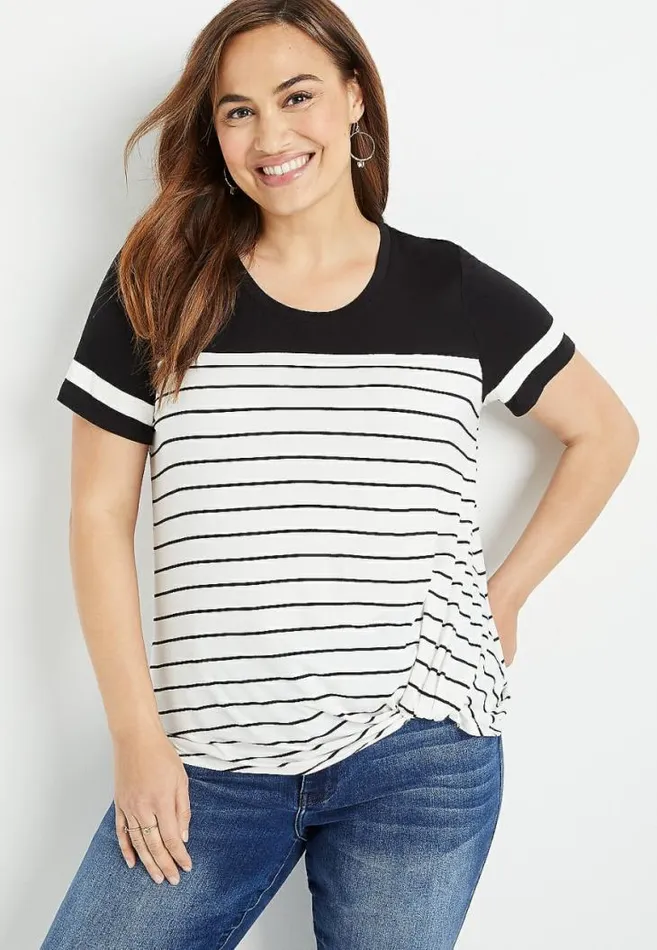 Women Plus Size 247 Striped Knot Front Baseball Tee Maurices Plus Tops