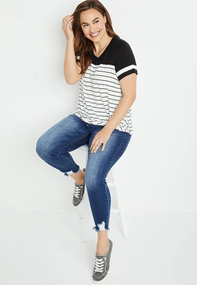 Women Plus Size 247 Striped Knot Front Baseball Tee Maurices Plus Tops