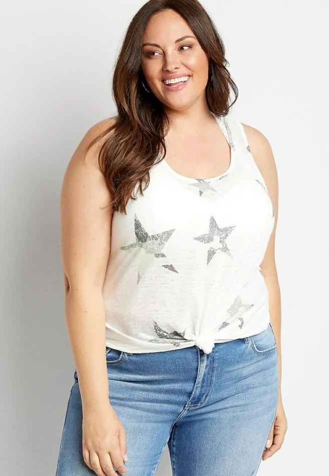 Women Plus Size 247 White Camo Star Knot Back Tank Top Maurices Plus Tops