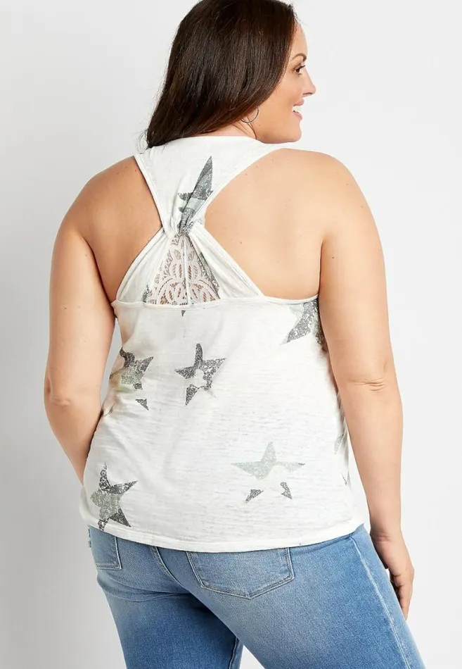Women Plus Size 247 White Camo Star Knot Back Tank Top Maurices Plus Tops