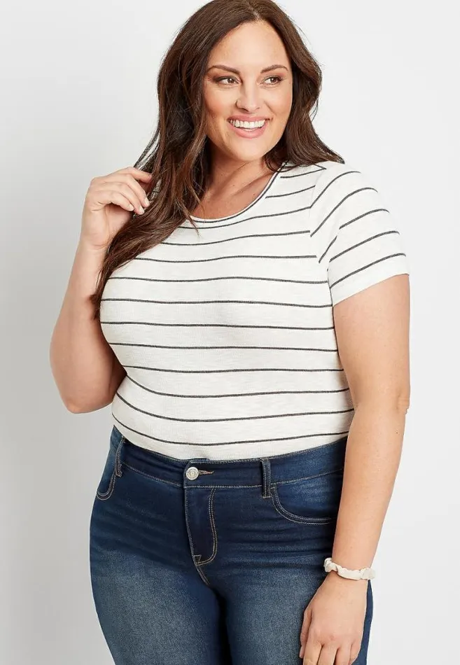Women Plus Size 247 White Stripe Rib Knit Tuck In Tee Maurices Plus Tops
